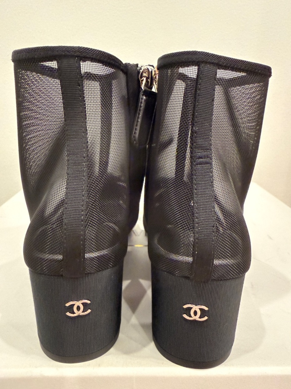 Chanel Camellia Mesh Ankle Boots 37.5 | Sheer Black Iconic CC Heels Runway NWT - Picture 9 of 13